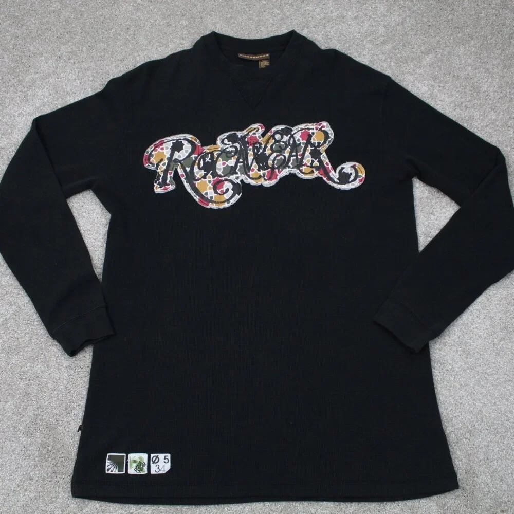 Rocawear Waffle Knit Shirt Adult 2XL XXL Black Long Sleeve Pullover‎ Crewneck